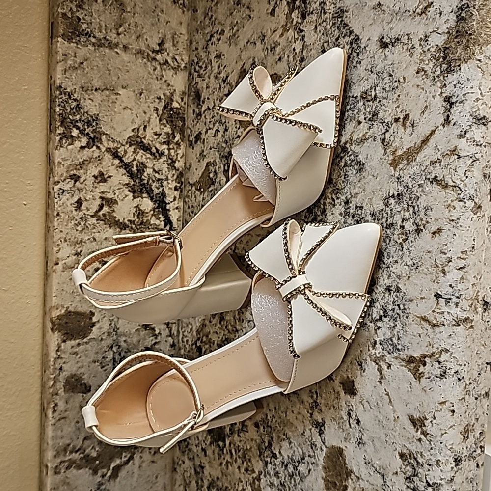White Bling Bow Heels - Picture 1 of 5